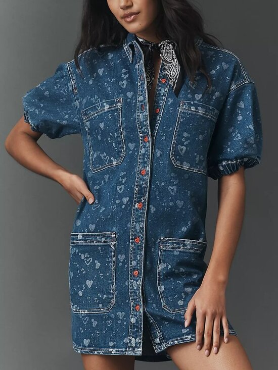 Anthropologie Dresses & Skirts - Pilcro Heart Print Denim Button-down Shift Mini Dress with Puff Sleeves